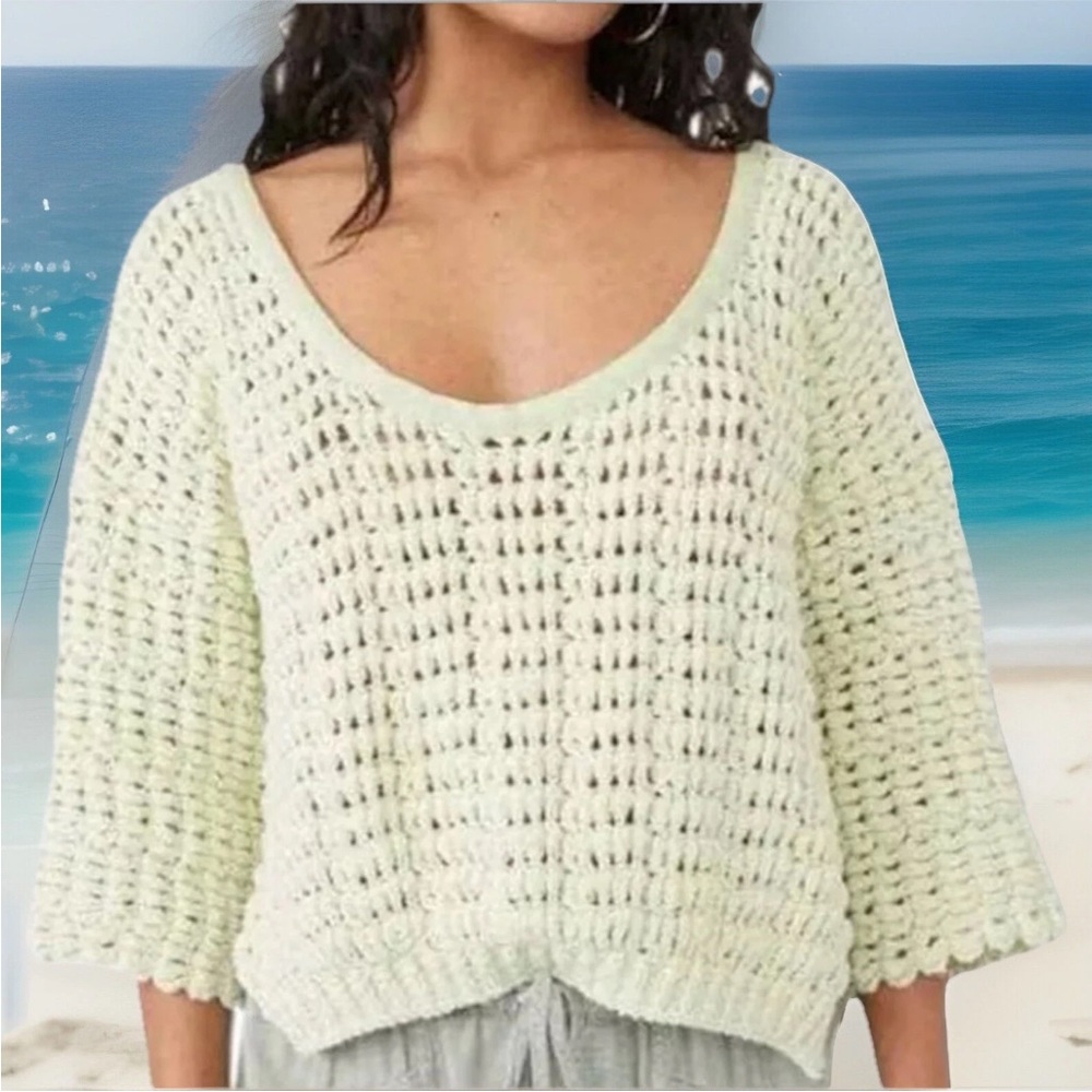 Free People Cozy Pointelle Sweater Sugared Mint Green Size XS Loose Open Knit